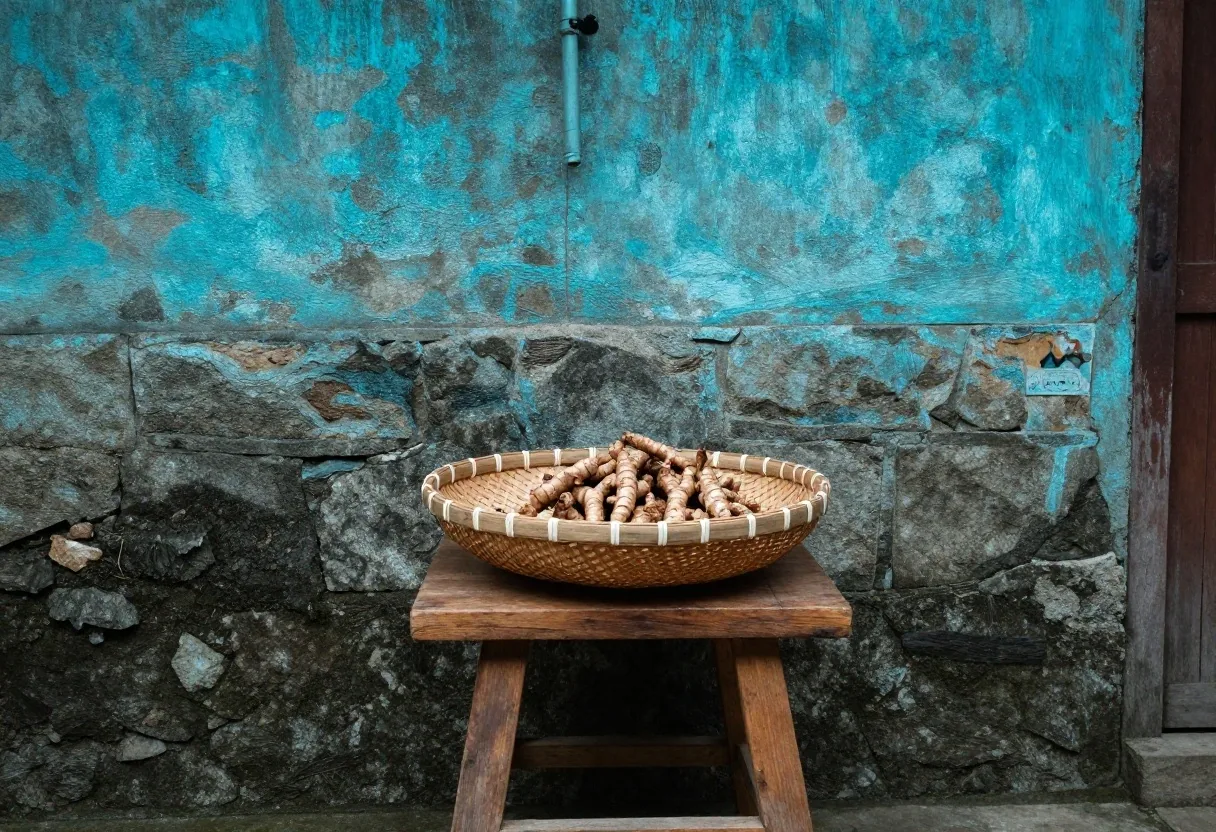 Stone corridor wall of the AlamSehat workshop in Medan with dried roots and measuring equipment on a wooden bench