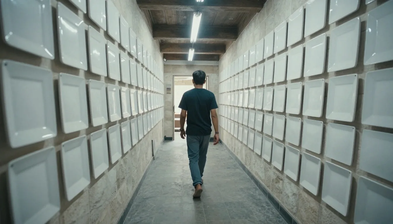 A man walking down a stone-walled corridor lined with blank white plates on the wall