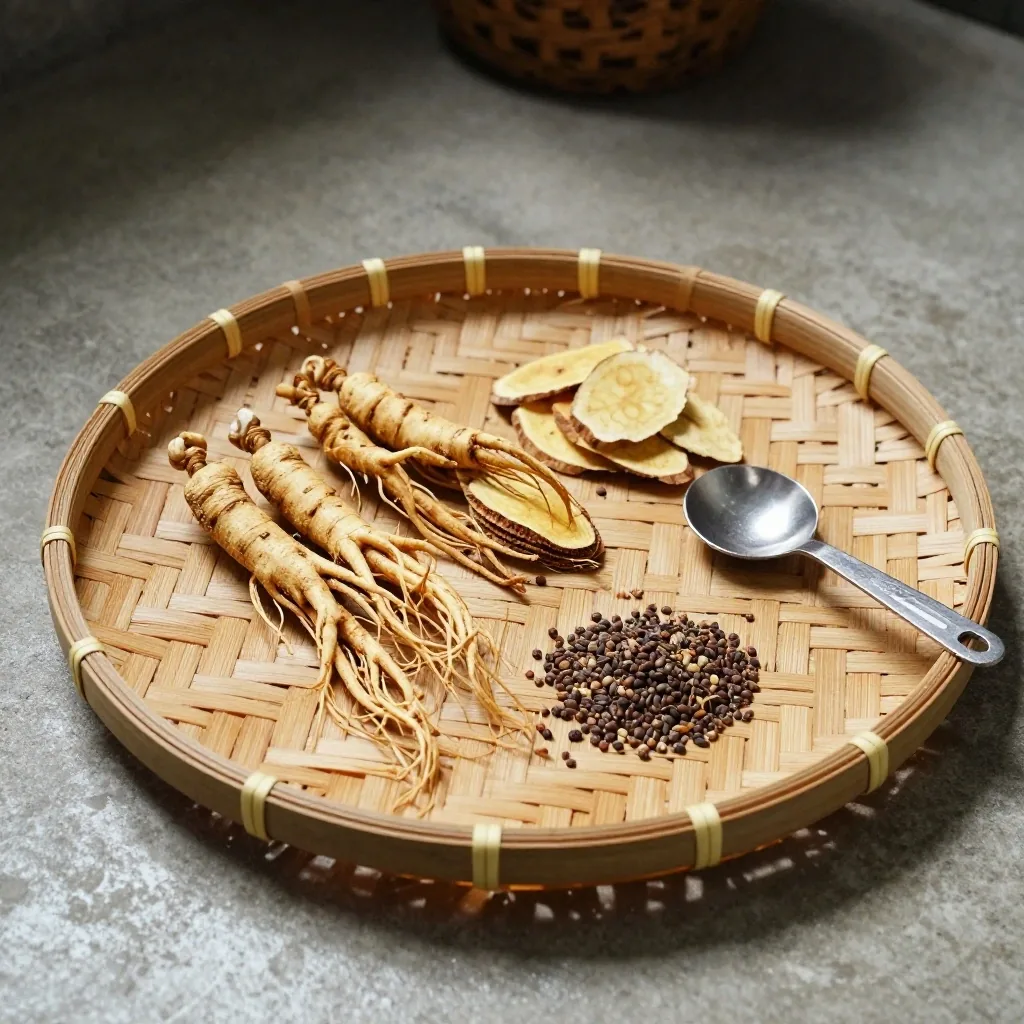 Raw dried botanical roots and seeds arranged in piles on a stone slab with a measuring scoop