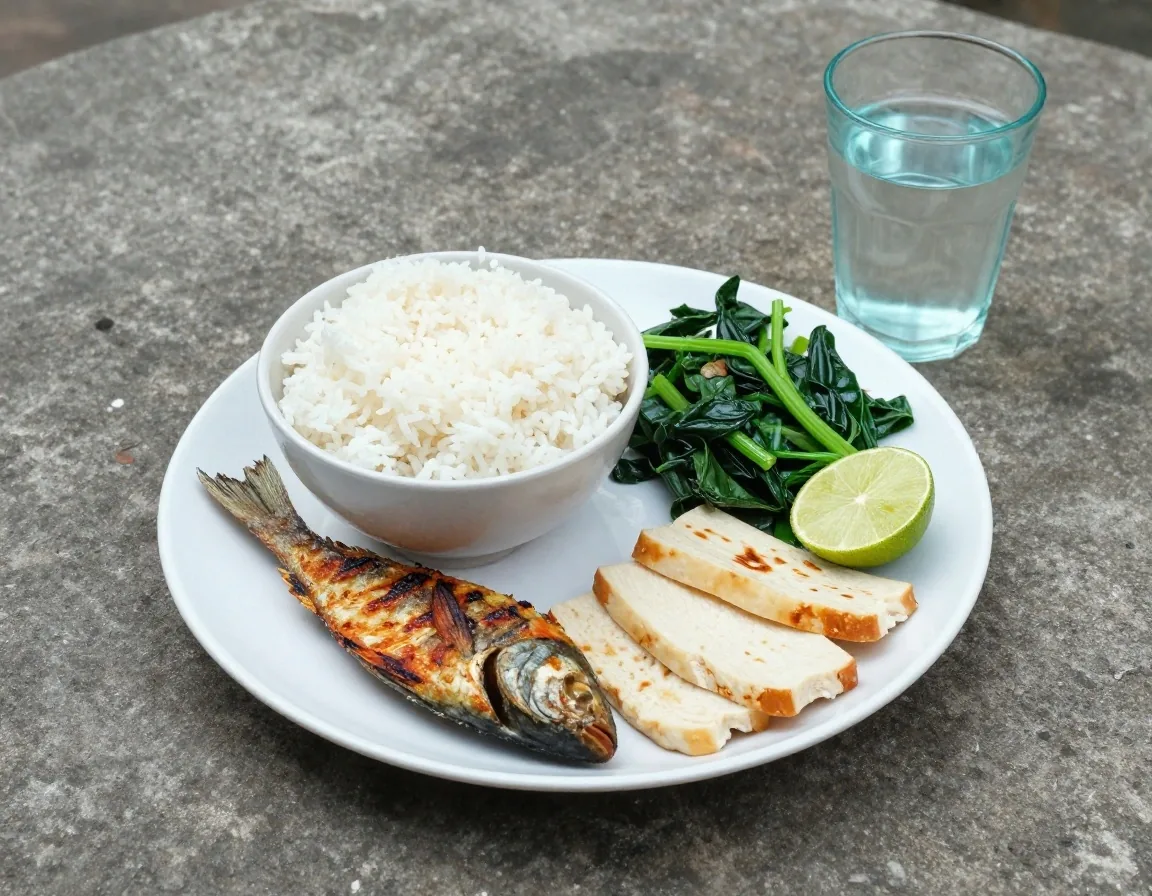 Everyday meal on a stone surface with rice, fish, greens, tempeh and a glass of water