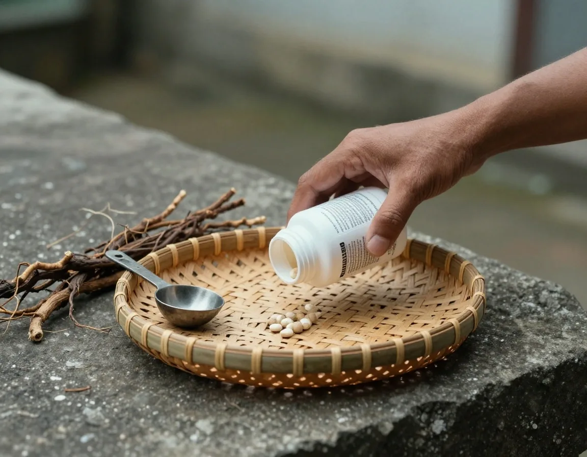 Unbranded supplement bottle, scoop and dried roots on a stone workshop bench