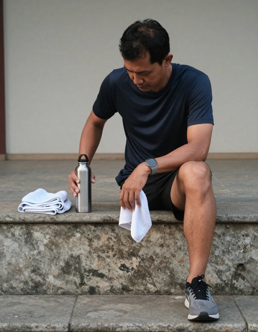 A man tying a running shoe beside a water bottle on a stone bench