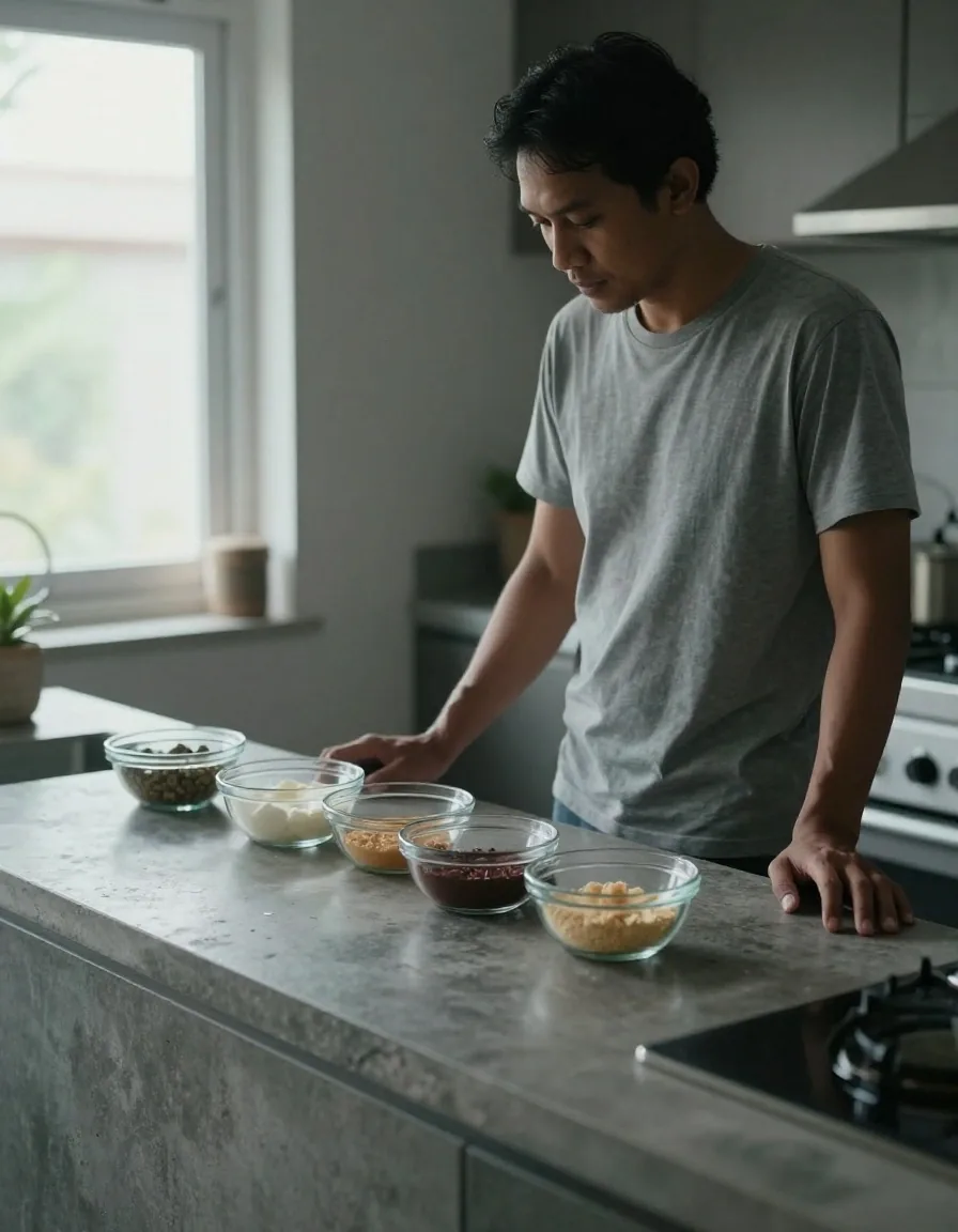 Four small glass dishes of unbranded ingredients arranged on stone