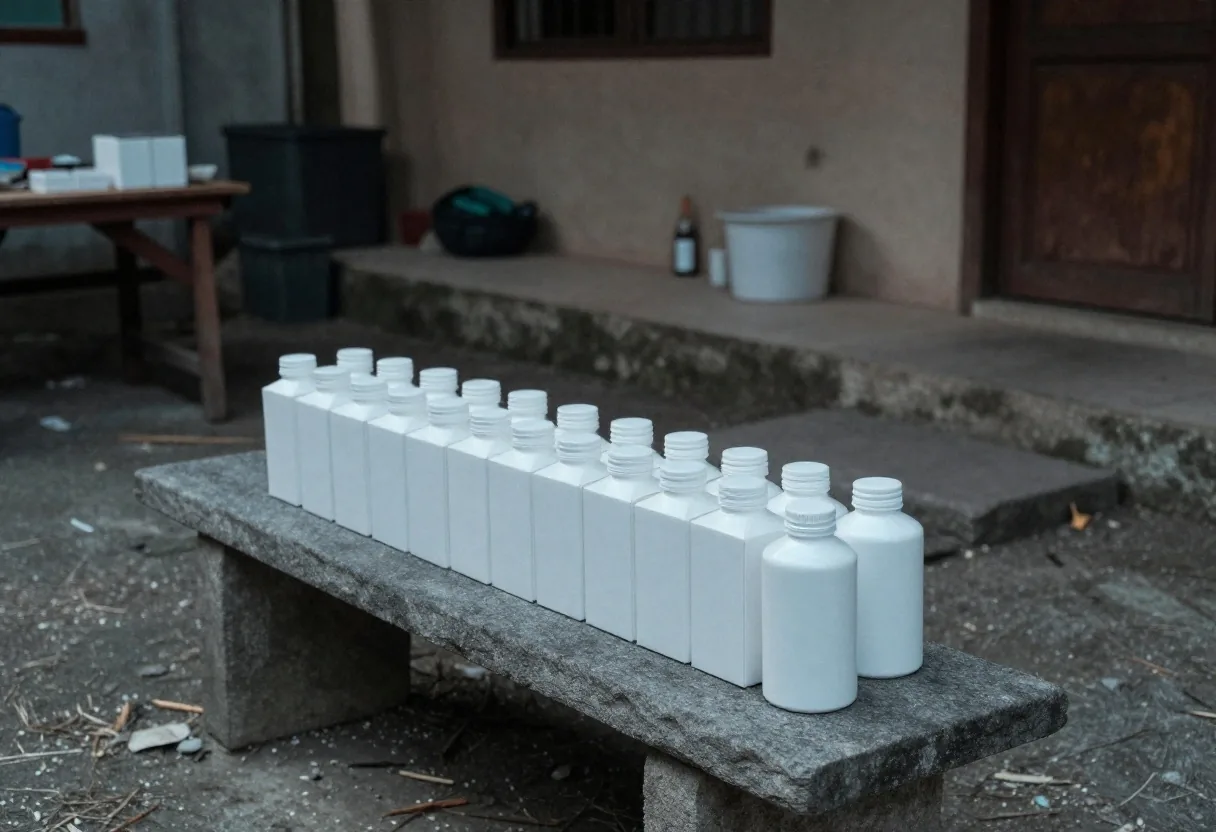 Unbranded supplement cartons and a bottle set down on a stone bench