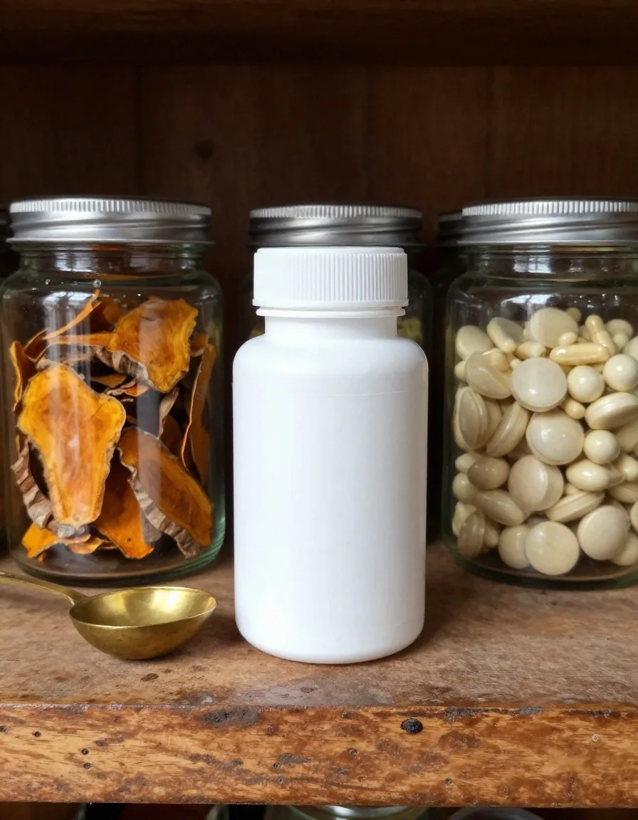 Unbranded supplement bottle and two glass jars of dried root slices and capsules on a stone ledge