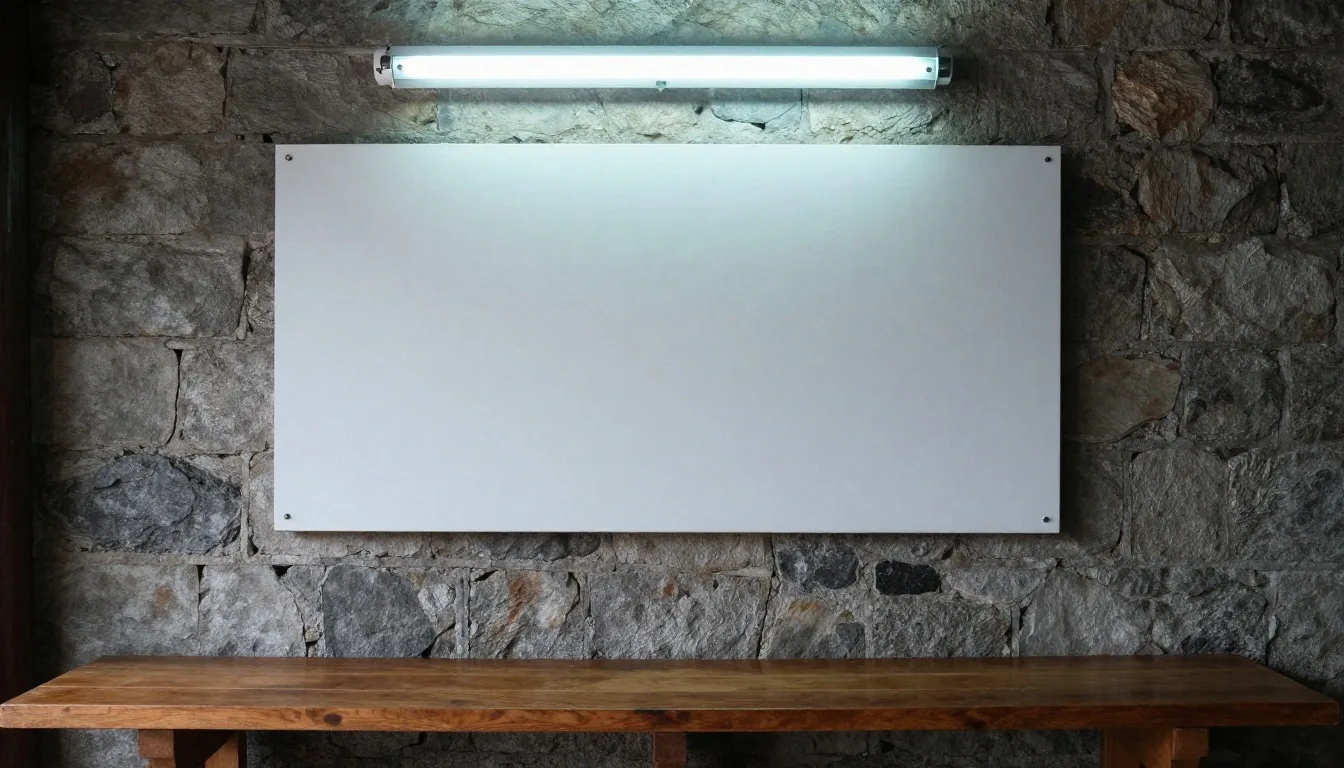 A quiet stone workshop corridor with a plain white sign board and cool cyan light above a wooden bench