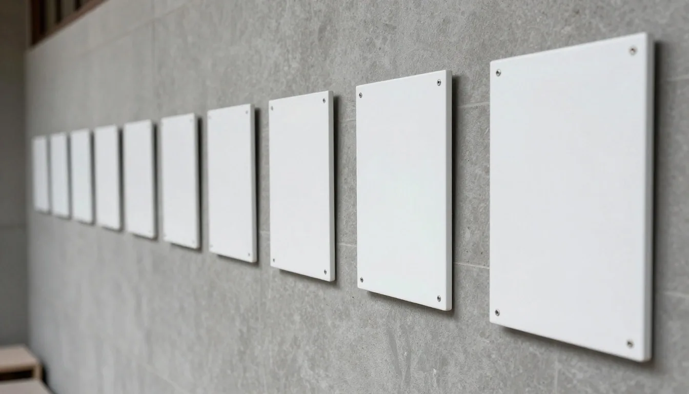 Plain stone corridor wall with a row of blank white plates under cool afternoon workshop light